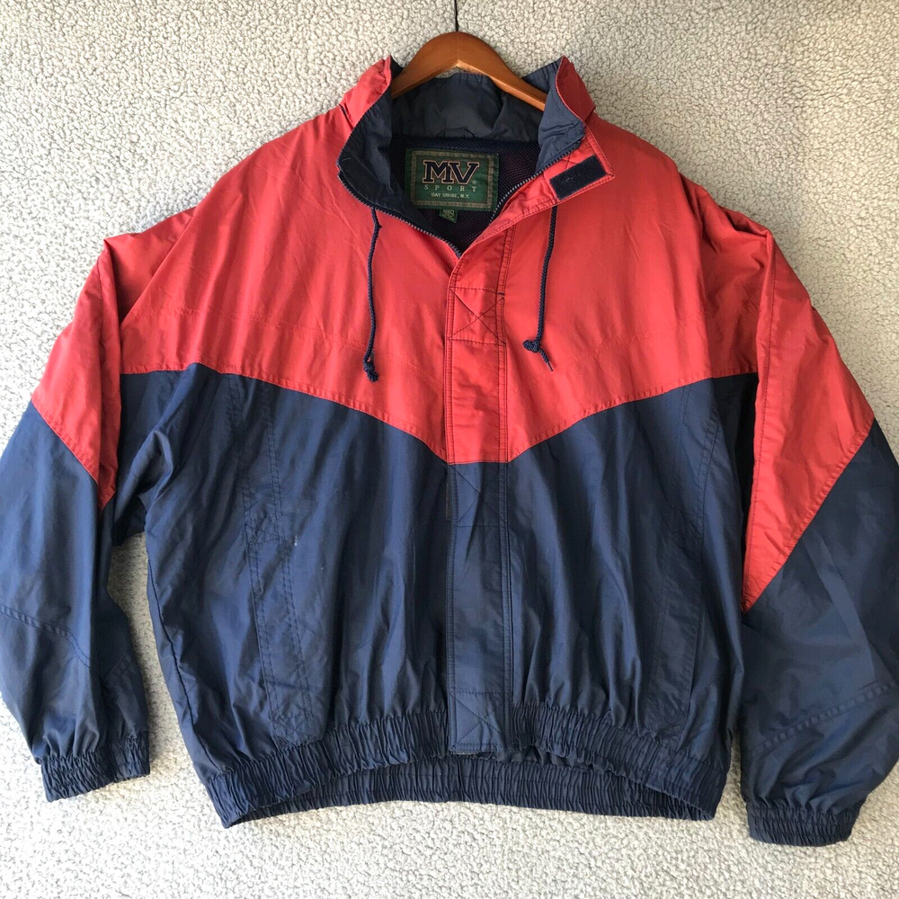 MV Sports Mens Mesh Windbreaker Jacket XXL with Hoodie Full Zip Nylon Red & Blue